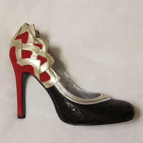 Oh Deer! Shoes - Vintage Pin Up Style Heel Black Sequin w/Red Suede